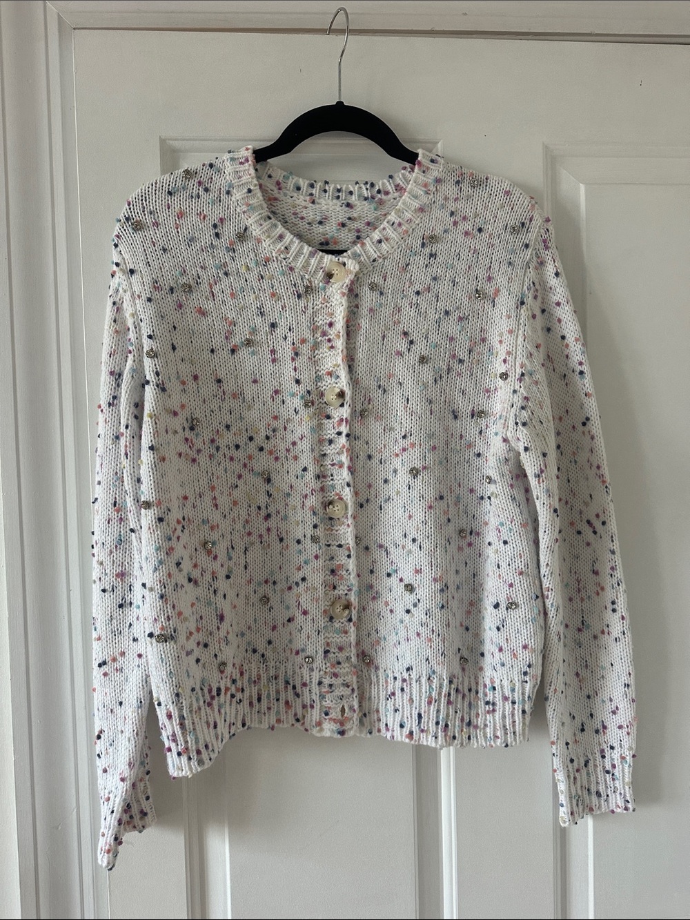 White Rainbow Speckled Crewneck Button Cardigan Sweater with Crystals size L